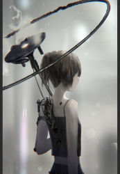 Rule 34 | 1girl, black hair, from behind, highres, lens flare, letterboxed, midriff, oftaj, original, pillarboxed, ponytail, rain, science fiction, short hair, short ponytail, solo, spaghetti strap, umbrella