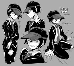 Rule 34 | 1boy, baseball cap, belt, belt buckle, buckle, buttons, closed mouth, coattails, collared jacket, collared shirt, commentary request, cropped legs, cropped torso, danganronpa (series), danganronpa v3: killing harmony, eyelashes, fingernails, frown, full body, grey background, greyscale, hair between eyes, hair over one eye, hands on ground, hat, holding own arm, jacket, kneeling, layered sleeves, long sleeves, mako gai, monochrome, multiple views, necktie, open clothes, open jacket, pants, saihara shuichi, school uniform, shirt, shoes, simple background, star (symbol), star print, sweat, sweatdrop, wide-eyed