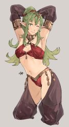 Rule 34 | 1girl, ;), absurdres, alternate costume, armpits, arms up, bare shoulders, breasts, commentary request, cosplay, cropped legs, detached sleeves, fire emblem, fire emblem awakening, fire emblem heroes, green eyes, green hair, grey background, groin, headpiece, highres, long hair, looking at viewer, medium breasts, midriff, navel, nintendo, olivia (fire emblem), olivia (fire emblem) (cosplay), one eye closed, pointy ears, ponytail, sakuremi, see-through, see-through sleeves, sidelocks, simple background, smile, solo, standing, stomach, thighs, tiki (adult) (fire emblem), tiki (fire emblem)