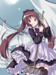 Rule 34 | 1girl, alternate costume, amane tsukasa, apron, bow, broom, brown hair, enmaided, frills, hair bow, highres, holding, holding broom, long hair, looking at viewer, magia record: mahou shoujo madoka magica gaiden, mahou shoujo madoka magica, maid, maid apron, red eyes, skirt, smile, solo, twintails, uya 04