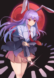 Rule 34 | 1girl, absurdres, animal ears, black jacket, blazer, blush, collared shirt, danmaku, feet out of frame, full moon, hair between eyes, highres, jacket, koizumo, long hair, long sleeves, moon, necktie, open clothes, open jacket, parted lips, pink skirt, pleated skirt, purple hair, rabbit ears, red eyes, red moon, red necktie, reisen udongein inaba, shirt, skirt, solo, touhou, white shirt