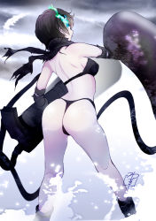 Rule 34 | 10s, 1girl, abyssal ship, arm cannon, artist name, ass, bare shoulders, bikini, black bikini, black gloves, black hair, blue eyes, breasts, colored skin, commentary request, elbow gloves, from behind, gloves, glowing, glowing eye, kantai collection, kneepits, looking at viewer, looking back, pale skin, ri-class heavy cruiser, scarf, short hair, sideboob, signature, small breasts, snow, solo, swimsuit, thighs, thong, thong bikini, weapon, white skin, yamasaki wataru