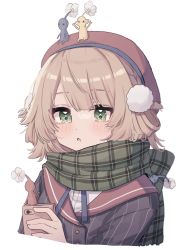 Rule 34 | 1girl, :o, absurdres, beret, blush, cellphone, green eyes, green scarf, grey jacket, hair ornament, hair rings, hat, highres, holding, holding phone, indie virtual youtuber, jacket, light brown hair, nintendo, phone, pikmin (creature), pikmin (series), plaid, plaid scarf, pom pom (clothes), pom pom hair ornament, red hat, red sailor collar, roku 6, sailor collar, scarf, shigure ui (vtuber), shigure ui (vtuber) (1st costume), shirt, smartphone, solo, two side up, upper body, virtual youtuber, white shirt