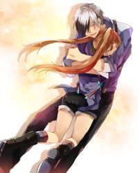 Rule 34 | 1boy, 1girl, boots, brown hair, closed eyes, elle mel marta, father and daughter, gradient background, grey hair, hetero, highres, hug, long hair, ludger will kresnik, multicolored hair, open mouth, pants, short hair, short shorts, shorts, socks, tales of (series), tales of xillia, tales of xillia 2, tears, twintails
