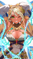 Rule 34 | 1girl, andromeda (fate), andromeda (first ascension) (fate), armlet, armpits, arms behind head, arms up, bare shoulders, belly chain, blonde hair, braid, breasts, chain, cleavage, collar, crown braid, cuffs, dark-skinned female, dark skin, detached sleeves, dress, fate/grand order, fate (series), gold teeth, green eyes, grin, hair ornament, highres, jaws, jewelry, large breasts, long hair, looking at viewer, low twintails, metal collar, multicolored hair, one eye closed, shackles, short dress, sidelocks, smile, solo, tonari no soboro, twintails, two-tone hair, white dress, white hair