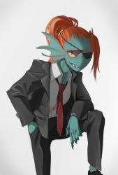 Rule 34 | 1girl, alternate costume, arm support, black footwear, blue skin, collared shirt, colored sclera, colored skin, eyepatch, eyeshadow, fins, formal, head fins, leaning forward, makeup, meammy, monster girl, necktie, pant suit, pants, ponytail, red hair, red necktie, sharp teeth, shirt, shoes, signature, slit pupils, solo, suit, teeth, unbuttoned, undertale, undyne, yellow sclera