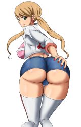 Rule 34 | 1girl, ass, ass grab, belt, blonde hair, blush, breasts, closed mouth, earrings, from behind, gluteal fold, green eyes, gundam, gundam tekketsu no orphans, heart, heart earrings, highres, huge ass, jacket, jewelry, lafter frankland, large breasts, leaning, leaning forward, long hair, looking at viewer, low twintails, nail polish, otohukebonne, shiny skin, short shorts, shorts, sideboob, simple background, smile, solo, striped clothes, striped thighhighs, thighhighs, twintails, very long hair, white background, white thighhighs, wide hips