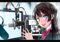 Rule 34 | 1girl, absurdres, black hair, black jacket, blazer, blue eyes, blush, boom microphone, bow, bowtie, brown cardigan, cardigan, cardigan vest, earphones, google chrome, hair ornament, hairclip, highres, jacket, letterboxed, livestream, long hair, looking at viewer, microphone, monitor, nijisanji, nodokana yuki, open mouth, pink bow, pink bowtie, screen, smile, solo, teeth, tsukino mito, tsukino mito (1st costume), upper teeth only, virtual youtuber, windows 10, youtube