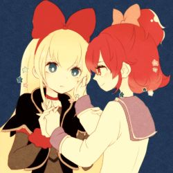 Rule 34 | 2girls, aida mana, bad id, bad pixiv id, blonde hair, blue background, blue eyes, couple, dokidoki! precure, eye contact, hairband, half updo, hand on another&#039;s cheek, hand on another&#039;s face, holding hands, interlocked fingers, light smile, long hair, looking at another, multiple girls, nanayo74, precure, red eyes, red hair, red ribbon, regina (dokidoki! precure), ribbon, school uniform, short hair, simple background, yuri