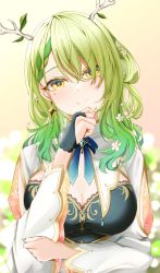 Rule 34 | 1girl, antlers, blurry, bokeh, braid, braided bangs, branch, breasts, brooch, ceres fauna, depth of field, dress, earrings, flower, green hair, green nails, hair flower, hair ornament, hair over one eye, highres, hololive, hololive english, horns, jewelry, kakiiro416, large breasts, long hair, looking at viewer, mole, mole under eye, multicolored clothes, multicolored dress, nail polish, ribbon, virtual youtuber, yellow eyes