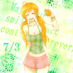 Rule 34 | 1girl, :d, ahoge, alternate hairstyle, bad id, bad pixiv id, blouse, bracelet, breasts, cleavage, closed eyes, dated, food, fruit, green shirt, jewelry, nami (one piece), nashimo (drz n), one piece, open mouth, orange (fruit), polka dot, polka dot shorts, shirt, shorts, sleeveless, sleeveless shirt, smile, solo, standing, striped clothes, striped shirt, teeth, twintails, upper teeth only, |d