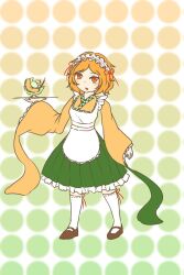 Rule 34 | 1other, alternate costume, apron, blush, brown footwear, dress, food, fruit, green dress, highres, holding, holding tray, len&#039;en, long sleeves, melon, open mouth, orange eyes, orange hair, orange shirt, orange sleeves, other focus, polka dot, polka dot background, red ribbon, ribbon, shirt, socks, solo, standing, tray, white apron, white socks, yurapuyu, zuifeng tenkai