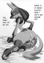 Rule 34 | 1boy, anal, animal hands, anus, ass, blush, censored, creatures (company), cum, cum in ass, cum on ass, cum on body, cum on lower body, feet, furry, furry male, game freak, gen 4 pokemon, highres, looking back, lucario, male focus, male penetrated, monochrome, nintendo, open mouth, pawpads, pokemon, pokemon (creature), soles, solo, tail, testicles, translated, yaoi