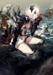 Rule 34 | 1girl, abyssal ship, armor, armored boots, bikini, bikini top only, black bikini, blonde hair, blue eyes, boots, breasts, cleavage, dark persona, fire, full body, gauntlets, headgear, high heels, highres, jacket, liyou-ryon, looking at viewer, looking to the side, military jacket, open clothes, open jacket, open mouth, pleated skirt, prince of wales (warship girls r), red jacket, sitting, skirt, smoke, solo, swimsuit, thigh strap, warship girls r, water, white skirt