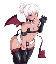 Rule 34 | 1girl, arm strap, artist name, bare shoulders, black choker, black gloves, black thighhighs, choker, collarbone, cosplay, demon girl, demon tail, demon wings, disgaea, earrings, elbow gloves, etna (disgaea), etna (disgaea) (cosplay), fangs, feet out of frame, female focus, flat chest, gloves, hair bun, highres, jewelry, lips, looking at viewer, midriff, navel, one eye closed, open mouth, original, red tail, red wings, revealing clothes, short hair, sidelocks, simple background, skull earrings, slit pupils, smile, solo, strapless, tail, taku34128, thighhighs, thighs, tube top, twitter username, white background, white hair, wings, yellow eyes