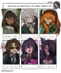Rule 34 | 3boys, 4girls, artist self-insert, black bow, blood, blood on face, blue eyes, blue hair, blue necktie, bow, brown eyes, brown hair, e.g.o (project moon), faust (project moon), glasses, gregor (project moon), hair bow, heathcliff (project moon), heterochromia, high ponytail, highres, hong lu (project moon), ishmael (project moon), limbus company, long hair, low ponytail, medium hair, multiple boys, multiple drawing challenge, multiple girls, muu 037, necktie, one eye closed, orange hair, outis (project moon), parted lips, pink eyes, pink ribbon, project moon, purple eyes, ribbon, sidelocks, simple background, six fanarts challenge, sunglasses, very long hair, white background, white hair