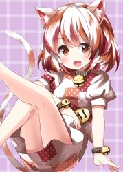 Rule 34 | 1girl, animal ears, bell, blush, cat ears, cat tail, coin, crop top, fang, feet out of frame, gold, goutokuji mike, hair between eyes, highres, jingle bell, koban (gold), multicolored hair, open mouth, orange eyes, orange hair, patch, puffy short sleeves, puffy sleeves, red hair, ruu (tksymkw), short hair, short sleeves, skirt, smile, solo, streaked hair, tail, touhou, white hair, white skirt