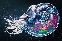 Rule 34 | animal, animal request, colorful, commentary, coral, english commentary, full body, highres, jellyfish, nautilus (animal), no humans, original, surreal, terrarium, transparent, underwater, water, watermark, web address, yuumei