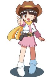 Rule 34 | 1girl, ;d, bomberman, boots, brown eyes, brown hair, brown hat, cocia (kosianko), commentary request, cowboy hat, cowboy western, fringe trim, gun, hat, highres, honey (bomberman), hudson, long sleeves, one eye closed, open mouth, pink shirt, pink skirt, pointing, scarf, shirt, short hair, skirt, smile, standing, weapon, white background, yellow scarf