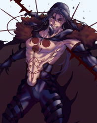 Rule 34 | 1boy, abs, angry, bare pectorals, blue hair, bodypaint, bulge, cape, closed mouth, cowboy shot, cu chulainn (fate), cu chulainn (fate) (all), cu chulainn (fate/stay night), cu chulainn alter (fate), cu chulainn alter (fate/grand order), cu chulainn alter (third ascension) (fate), dark blue hair, dark persona, detached hood, earrings, elbow gloves, facepaint, fate/grand order, fate (series), fur-trimmed cape, fur trim, gae bolg (fate), gloves, highres, hood, hood up, jewelry, lancer, long hair, looking at viewer, male focus, monster boy, moyashi san4, muscular, pants, pectorals, ponytail, red eyes, simple background, skin tight, solo, spikes, tail, topless male, type-moon
