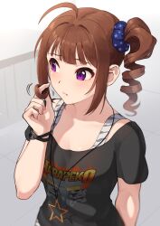 Rule 34 | 1girl, ahoge, arm behind back, black shirt, blue scrunchie, blush, bracelet, brown hair, closed mouth, commentary, drill hair, frown, grey tank top, hair ornament, hair scrunchie, hand in own hair, highres, idolmaster, idolmaster million live!, jewelry, kamille (vcx68), looking to the side, medium hair, motion lines, necklace, print scrunchie, print shirt, purple eyes, scrunchie, shirt, shirt straps, short sleeves, side drill, side ponytail, sidelocks, solo, star (symbol), star necklace, star print, t-shirt, tank top, upper body, yokoyama nao