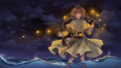 1girl absurdres anankekeirin braid brown_hair capelet cloud cloudy_sky dress ehtani feet_out_of_frame floating_clothes highres in_water lighthouse_of_guiding_flames long_hair looking_at_viewer night night_sky sky smile solo twin_braids wading water yellow_eyes