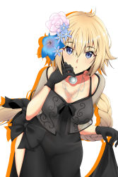 Rule 34 | 1girl, black bow, black dress, black gloves, blonde hair, blue eyes, blue flower, bow, breasts, cleavage, cowboy shot, dress, fate/apocrypha, fate (series), flower, gloves, hair between eyes, hair flower, hair ornament, highres, jeanne d&#039;arc (fate), jeanne d&#039;arc (formal dress) (fate), jeanne d&#039;arc (ruler) (fate), jewelry, large breasts, leaning forward, looking at viewer, necklace, open mouth, see-through, short hair, simple background, skirt hold, solo, standing, torikun, white background, white flower