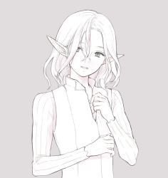 Rule 34 | 1boy, dressing, dungeon meshi, elf, hair between eyes, hair over one eye, hands up, long sleeves, looking at viewer, male focus, medium hair, mithrun, pointy ears, sami (3a3i3a3i), simple background, smile, solo, upper body