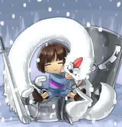 Rule 34 | = =, androgynous, armor, bad id, bad pixiv id, brown hair, dog, frisk (undertale), gender request, headpat, lesser dog, long neck, omutsu (shina94), other focus, shield, shirt, shorts, sitting, smile, snow, snowing, striped clothes, striped shirt, sword, tongue, tongue out, undertale, weapon
