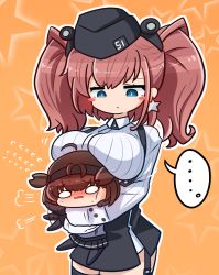 Rule 34 | ..., 2girls, anchor hair ornament, asimo953, atlanta (kancolle), black headwear, black skirt, blue eyes, blush, blush stickers, breast rest, breasts, brown hair, chibi, commentary request, earrings, flying sweatdrops, garrison cap, garter straps, gloves, hair flaps, hair ornament, hairband, hat, hatsuzuki (kancolle), highres, hug, jewelry, kantai collection, large breasts, long hair, long sleeves, looking at another, multiple girls, nose blush, shirt, simple background, skirt, star (symbol), star earrings, suspender skirt, suspenders, sweatdrop, thigh strap, two side up, white gloves, white shirt