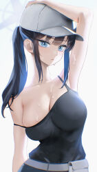Rule 34 | 1girl, absurdres, arm up, armpits, baseball cap, black camisole, black hair, blue archive, blue eyes, breasts, camisole, cleavage, collarbone, covered erect nipples, grey hat, halo, hat, highres, kazane-wind, large breasts, looking at viewer, ponytail, saori (blue archive), sidelocks, skindentation, solo, strap slip, sweat, upper body