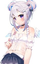 Rule 34 | 1girl, ahoge, amane kanata, amane kanata (7th costume), angel wings, asymmetrical hair, black choker, black skirt, blue hair, blue wings, blush, bow, choker, closed mouth, commentary, double bun, expressionless, feathered wings, flat chest, fragir, gradient wings, grey hair, hair bow, hair bun, hair ornament, hairclip, highres, hololive, lace, lace choker, looking at viewer, mini wings, miniskirt, multicolored hair, multicolored wings, multiple hair bows, official alternate costume, pink hair, purple eyes, short hair, sidelocks, simple background, single hair intake, skirt, solo, star (symbol), star choker, streaked hair, swimsuit, upper body, virtual youtuber, wet, wet clothes, white background, white wings, wings, x hair ornament