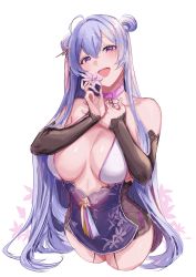 Rule 34 | 1girl, bare shoulders, breasts, choker, cleavage, collarbone, destiny child, elbow gloves, flower, gloves, hair bun, hand on own chest, highres, holding, holding flower, large breasts, long hair, looking at viewer, open mouth, purple eyes, purple hair, single hair bun, theophano (destiny child), white background