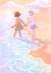 Rule 34 | 2girls, arm at side, backlighting, barefoot, beach, blue shorts, bob cut, brown hair, caustics, closed mouth, cloud, dark-skinned female, dark skin, evening, facing away, floating hair, from behind, from side, green skirt, heikala, high-waist skirt, highres, holding hands, horizon, legs apart, long sleeves, looking at another, looking away, multiple girls, ocean, original, outdoors, outstretched arm, painting (medium), pink hair, pink sweater, pleated skirt, profile, puffy long sleeves, puffy sleeves, reflection, reflective water, sand, shadow, shirt, shore, short hair, short sleeves, shorts, skirt, smile, standing, sunlight, sunset, sweater, t-shirt, traditional media, turtleneck, turtleneck sweater, twilight, wading, walking, water, watercolor (medium), white shirt, wide shot, wrist extended