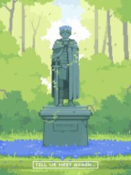 Rule 34 | arkhai, blue flower, blue sky, bush, cape, character name, cloud, commentary, day, english text, field, flower, flower field, foliage, forest, grass, hashtag-only commentary, head wreath, highres, himmel (sousou no frieren), nature, no humans, outdoors, pedestal, pixel art, plant, planted, planted sword, planted weapon, plaque, scenery, sky, sousou no frieren, standing, statue, sword, symbol-only commentary, tree, vines, weapon