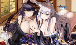 Rule 34 | 2girls, absurdres, all fours, animal ear fluff, animal ears, ass, azur lane, bare shoulders, black kimono, black nails, blue butterfly, breasts, bug, butterfly, cleavage, collarbone, commentary, detached collar, english commentary, facial mark, first one14, fox ears, fox girl, fur-trimmed kimono, fur trim, gem, gold trim, hand on own chest, hanging breasts, highres, huge breasts, indoors, insect, japanese clothes, jewelry, kimono, long hair, magatama, magatama necklace, multiple girls, musashi (azur lane), nail polish, necklace, purple eyes, purple gemstone, purple hair, sheath, sheathed, shinano (azur lane), siblings, sisters, slit pupils, very long hair, whisker markings, white hair, yellow eyes