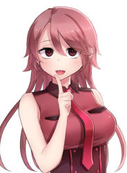 Rule 34 | 1girl, breasts, commentary request, finger to own chin, hair between eyes, highres, large breasts, long hair, necktie, neit ni sei, open mouth, original, red eyes, red hair, shadow, sharp teeth, shirt, simple background, sleeveless, sleeveless shirt, smile, solo, teeth, white background