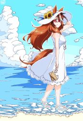 Rule 34 | 1girl, animal ears, arm at side, arm up, artist logo, barefoot, breasts, caustics, closed mouth, cloud, desuchi, dress, ears through headwear, flower, from side, glasses, hand on headwear, hat, hat flower, highres, holding, holding clothes, holding footwear, horizon, horse ears, horse girl, horse tail, long hair, looking at viewer, looking to the side, medium breasts, multicolored hair, outdoors, platform footwear, purple eyes, sand, semi-rimless eyewear, sleeveless, sleeveless dress, smile, solo, split mouth, sun hat, sunflower, symboli rudolf (umamusume), tail, umamusume, under-rim eyewear, wading, walking, waves, white dress