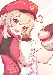 Rule 34 | 1girl, :d, ahoge, bloomers, brown gloves, brown scarf, cabbie hat, cake, clover print, coat, commentary request, cream, cream on face, food, food on face, from side, genshin impact, gloves, hair between eyes, hat, hat feather, hat ornament, head tilt, highres, hood, hooded coat, index finger raised, klee (genshin impact), light brown hair, long hair, long sleeves, looking at viewer, looking to the side, low twintails, open mouth, orange eyes, pocket, pointing, pointing at self, pointy ears, red coat, red hat, scarf, sidelocks, simple background, sitting, smile, solo, twintails, underwear, xiachujin