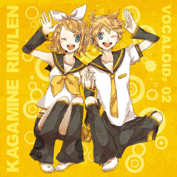 Rule 34 | 1boy, 1girl, blonde hair, blue eyes, brother and sister, buzz (moi), hair ornament, hairclip, hetero, holding hands, kagamine len, kagamine rin, necktie, one eye closed, short hair, siblings, squatting, twins, vocaloid, waving, wink, yellow necktie