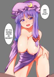 Rule 34 | 1girl, @ @, arm support, blush, bow, breasts, check translation, collarbone, daijoubu? oppai momu?, grey background, hair ribbon, hanging breasts, hard-translated, hat, highres, large breasts, long hair, looking at viewer, loose clothes, matching hair/eyes, mob cap, nipples, panties, panties around leg, patchouli knowledge, pov, purple eyes, purple hair, purple ribbon, pussy, pussy juice, red bow, red panties, red ribbon, ribbon, simple background, solo focus, speech bubble, third-party edit, touhou, translated, translation request, uncensored, underwear, yocchi (tenyunkel)