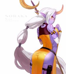 Rule 34 | 1girl, armlet, ass, back, bandages, belt, blue skin, blush, bracelet, breasts, character name, closed mouth, colored skin, cowboy shot, english text, from behind, highres, horns, jewelry, large breasts, league of legends, long hair, looking at viewer, looking back, naked tabard, onekokun, pointy ears, ponytail, purple skin, sideboob, simple background, single horn, smile, solo, soraka (league of legends), staff, standing, tabard, tattoo, very long hair, white background, white hair, wrist wrap, yellow eyes