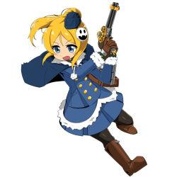 Rule 34 | 1girl, ayase eli, black pantyhose, blonde hair, blue cape, blue coat, blue eyes, blue footwear, blue skirt, blush, boots, brown footwear, brown gloves, cape, coat, cosplay, etrian odyssey, gloves, gun, gunner (sekaiju), gunner (sekaiju) (cosplay), handgun, holding, holding gun, holding weapon, love live!, open mouth, pantyhose, pleated skirt, ponytail, shin ala, simple background, skirt, solo, weapon, white background