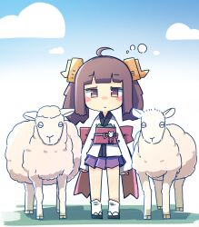 Rule 34 | 1girl, ahoge, arms at sides, blue sky, blunt bangs, blush stickers, brown hair, cloud, curled horns, half-closed eyes, highres, horns, japanese clothes, kimono, konohoshi, long hair, long sleeves, looking at viewer, obi, obiage, obijime, outdoors, pleated skirt, purple skirt, red sash, sandals, sash, sheep, short kimono, sidelocks, skirt, sky, socks, solo, squeans, standing, touhoku kiritan, twintails, voiceroid, white kimono, white socks, zouri