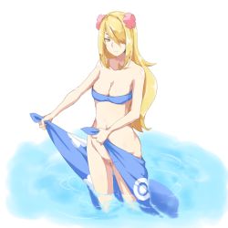 Rule 34 | 1girl, alternate costume, bad id, bad pixiv id, bandeau, bare shoulders, bikini, blonde hair, blue bikini, bottomless, breasts, cleavage, cosplay, creatures (company), cynthia (pokemon), flower, game freak, groin, hair flower, hair ornament, hair over one eye, long hair, looking at viewer, naughty face, navel, nintendo, phoebe (pokemon), phoebe (pokemon) (cosplay), poke ball print, pokemon, pussy, sarong, smile, solo, standing, swimsuit, towel, uncensored, undressing, untied, unworn sarong, wading, water, white background, wide hips, wigglytuff (pokeacc), yellow eyes