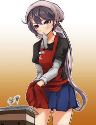 Rule 34 | 1girl, absurdres, ahoge, akebono (kancolle), apron, black shirt, blue skirt, blush, brown background, collarbone, commentary request, cooking, cowboy shot, fish, glove in mouth, gloves, gradient background, grill, grilling, hair ornament, hairclip, highres, kantai collection, layered sleeves, long hair, long sleeves, looking at viewer, mouth hold, outline, pleated skirt, ponytail, purple eyes, purple hair, rabbit pin, red apron, shirt, short over long sleeves, short sleeves, skirt, solo, squiggle, t-shirt, tenugui, v-shaped eyebrows, very long hair, white outline, wiping hands, yankee41