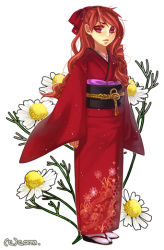 Rule 34 | 1girl, expressionless, floral background, floral print, flower, hair ribbon, half updo, japanese clothes, kimono, long hair, looking at viewer, obi, original, red eyes, red hair, red ribbon, ribbon, sandals, sash, simple background, solo, standing, tabi, wavy hair, white background, white legwear, zouri