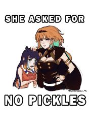 Rule 34 | 2girls, black cape, black dress, breasts, cape, cleavage, cleavage cutout, clothing cutout, commentary, cosplay, crying, detached sleeves, dress, english commentary, excuse me he asked for no pickles (meme), frown, hair behind ear, hand on own hip, highres, hololive, hololive english, impact (font), long hair, medium breasts, meme, mori calliope, mori calliope (cosplay), multiple girls, ninomae ina&#039;nis, open mouth, orange hair, orange shirt, pointy ears, purple hair, sharkarasu, shirt, sleeveless, sleeveless shirt, takanashi kiara, takanashi kiara (cosplay), tiara, virtual youtuber