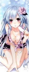 Rule 34 | 1girl, arm support, bare shoulders, barefoot, blue hair, blush, breasts, cleavage, collarbone, fairy fencer f, feet, flower, food, frilled swimsuit, frills, gradient background, hair flower, hair ornament, highres, holding, holding food, kneeling, leaning forward, long hair, looking at viewer, navel, official art, open mouth, pink eyes, pink flower, pink rose, popsicle, rose, snowflakes, solo, swimsuit, tiara (fairy fencer f), toes, tsunako, very long hair