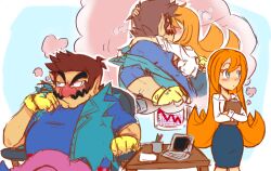 Rule 34 | 1boy, 1girl, big nose, blue eyes, brown hair, clipboard, crossed legs, cutie-png, desk, facial hair, fingerless gloves, gloves, kiss, long hair, mona (warioware), mustache, nintendo, office lady, orange hair, pants, partially unbuttoned, pencil skirt, pink pants, pointy ears, skirt, thought bubble, wario, warioware, yellow gloves